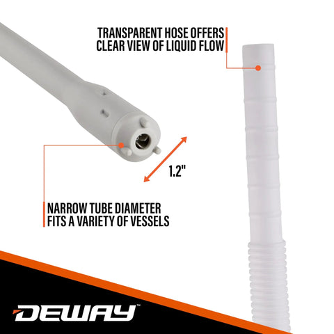 Battery Powered Stick Transfer Pump With Aa Batteries And 39 Inch Hose Flows Gas Or Diesel Smoothly At 2 6 GPM showing 1.2 inch diameter hose with clear liquid flow.