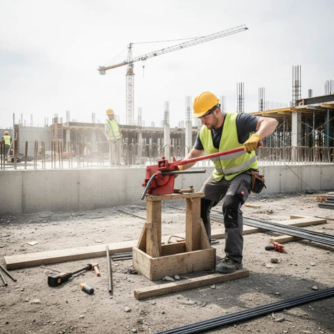 Heavy Duty Manual Rebar Bender Tool For Construction Site And Home Use Extended Handle Metal Bending Machine in use at a construction site.