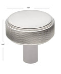 Solid Zinc 1.5 Inch Knurled Cabinet Knob In Satin Nickel Finish, Dope Grip With Anti Slip Knurl, Pack Of 25, side view with dimensions