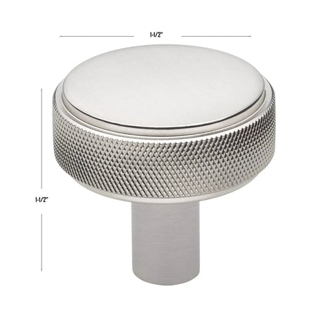 Solid Zinc 1.5 Inch Knurled Cabinet Knob In Satin Nickel Finish, Dope Grip With Anti Slip Knurl, Pack Of 25, side view with dimensions
