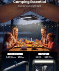 Family dining under 20,000mAh Portable Camping Fan With LED Lantern in tent, providing cool air and light for outdoor camping essentials.