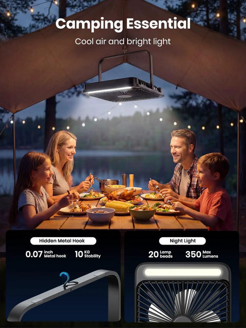 Family dining under 20,000mAh Portable Camping Fan With LED Lantern in tent, providing cool air and light for outdoor camping essentials.
