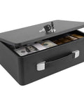 Fireproof Document Box With Key Lock Portable Metal Safe With Handy Carrying Handle for storing money and valuables, open with items visible.