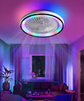 19 Inch Enclosed Bladeless Flush Mount Ceiling Fan with RGB Dimmable Light in colorful ambient lighting, ideal for indoor use.
