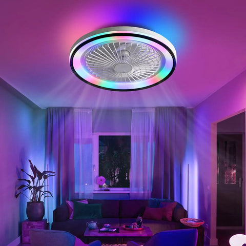 19 Inch Enclosed Bladeless Flush Mount Ceiling Fan with RGB Dimmable Light in colorful ambient lighting, ideal for indoor use.