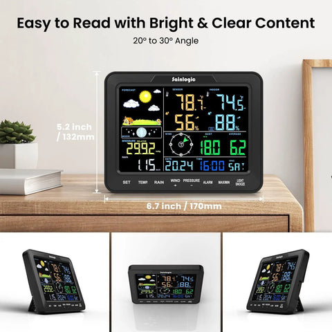 12-In-1 Home Weather Station With Indoor Outdoor Sensors No WiFi Rain Gauge And A Big 8 Inch Display showing temperature and pressure