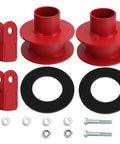 2.5 Inch Front Leveling Lift Kit For Ford F250 F350 Super Duty 4WD Front Suspension Strut Spacers With Shock Mount Extenders Adds Ground Clearance And Room For Bigger Wheels Red components