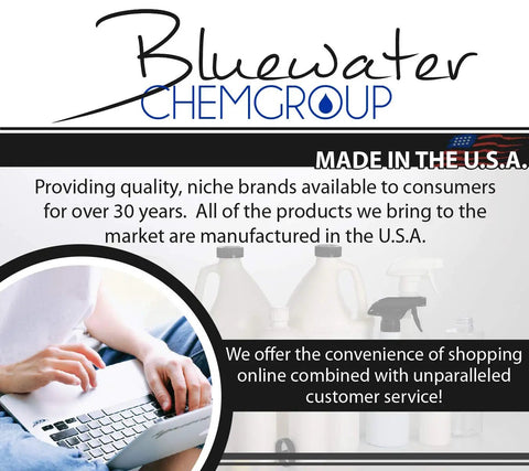 Bluewater Chemgroup logo with text on products made in the USA and a hand typing on a laptop, featuring various product bottles.