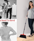 Woman using Extended Telescoping Broom And Dustpan Set With Adjustable Handle for zero bend sweeping on wooden floor.