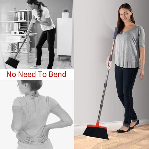 Woman using Extended Telescoping Broom And Dustpan Set With Adjustable Handle for zero bend sweeping on wooden floor.