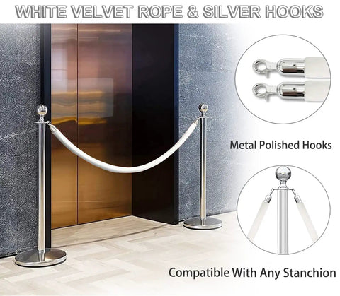 Velvet Stanchion Rope Set, 2 Pack White 5 Ft Crowd Control Ropes With Silver Hooks for Events, Compatible with Stanchions