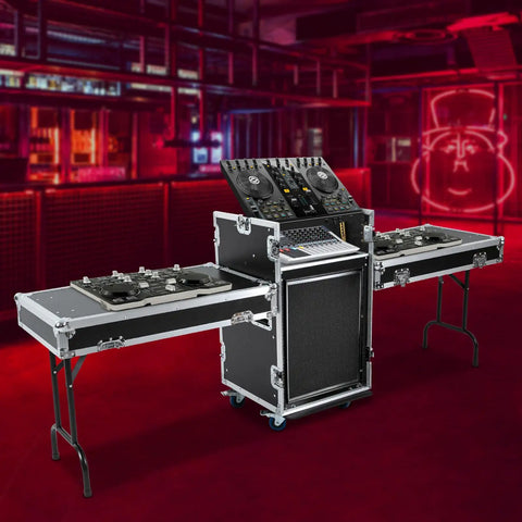 14U PA DJ Rack Heavy Duty Mobile Audio Equipment Cabinet in club setting with steel frame and smooth rollers.