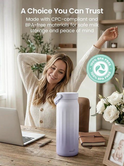 Slick Portable Breast Milk Cooler Bag Holding Two 22oz Feeding Bottles With A Heavy Duty Stainless Steel Frost Core That Keeps Formula Fresh For Over Twenty Four Hours No Ice Needed Hella Convenient For Busy Moms On The Road Or Weekend Getaways with a purple canister near a woman working on a laptop.