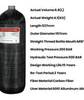 Built Tough Carbon Fiber Air Tank Six Point Eight Liter With specs for PCP Air Rifles Diving Scuba CE Approved Not DOT