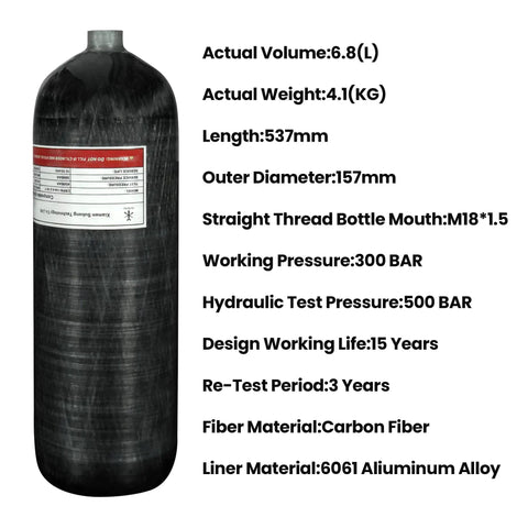 6.8L Carbon Fiber HPA Tank 4500 PSI PCP Air Tank for paintball and scuba gear with AL6061 core and M18x1.5 thread