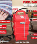 16 Gallon Portable Fuel Tank Caddy With 12V DC Electric Self Priming Transfer Pump For Cars Lawn Mowers ATVs Boats And More Durable HDPE Tank For Gasoline And Diesel with hoses, nozzle, and structure details