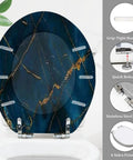 Toilet Seat Round Resin for Bathroom, 14.5x16.5 inches, blue marble design with stainless steel hinge.
