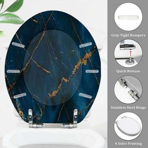 Toilet Seat Round Resin for Bathroom, 14.5x16.5 inches, blue marble design with stainless steel hinge.