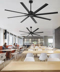 Massive 84 Inch Industrial Ceiling Fan With DC Motor, 8 Reversible Aluminum Blades in modern cafeteria, black finish