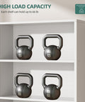 Top Shelf Industrial Farmhouse Bookshelf With Cabinet Doors And Open Shelves Floor Standing Storage Tower Display Rack For Home Office Or Living Room White Six Tier Bookcase displaying kettlebells on shelves.