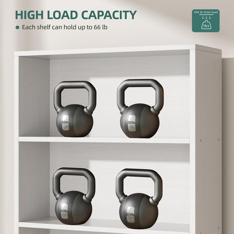 Top Shelf Industrial Farmhouse Bookshelf With Cabinet Doors And Open Shelves Floor Standing Storage Tower Display Rack For Home Office Or Living Room White Six Tier Bookcase displaying kettlebells on shelves.