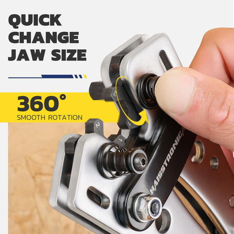 Close-up of Pro Grade Heavy Duty Battery Cable Crimping Tool Kit With Ratchet Hex Extended Handle showing jaw adjustment feature.