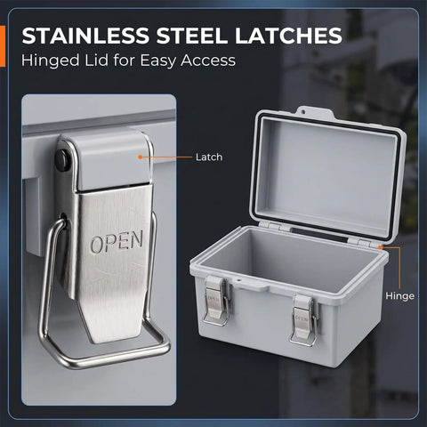 Rugged IP67 Outdoor Electrical Junction Box ABS Weatherproof Enclosure featuring stainless steel latches for easy access.