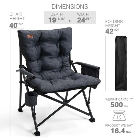 Oversized Padded Folding Camping Chair For Adults, Heavy Duty Portable Quad Chair With Side Pockets, dimensions shown
