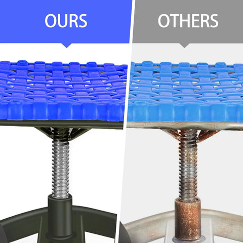Comparison of seat materials; our Garden Cart Rolling Stool With Four Wheels And Tool Bag Adjustable Seat Height And Direction Sturdy Yard