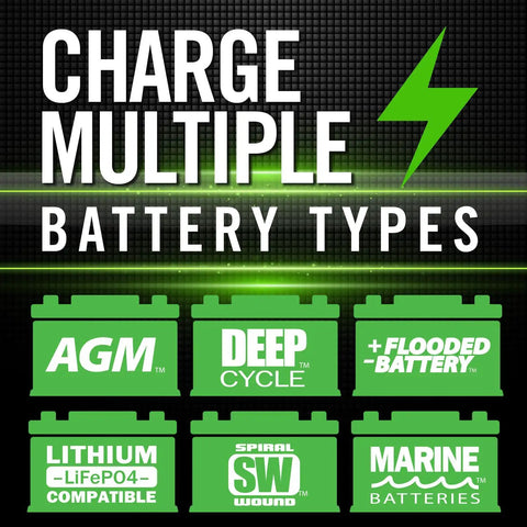All In One Fully Automatic 20 Amp Smart Charger For 6V And 12V Batteries Battery Maintainer With Temperature Compensation And Stable Power Multi Stage Charging For Cars Motorcycles Boats And More charging multiple battery types including AGM, deep cycle, and marine.