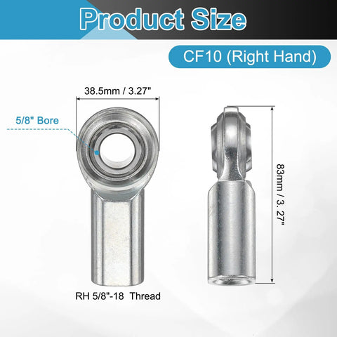 CF10 Rod End Bearing Five Eighths Inch Bore Right Hand 5/8-18 UNF Female Thread Jam Nut, 1045 steel housing, size view