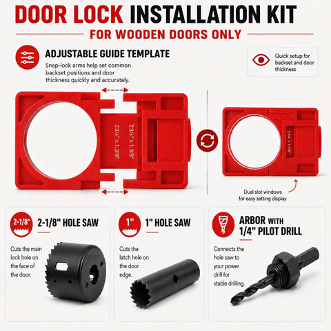 Complete Door Hinge Jig And Lock Installation Kit With Reliable Mortise Guiding Tray For Flawless Cabinet Work And Honestly No Sweat Weekend Builds, adjustable guide template and hole saws.