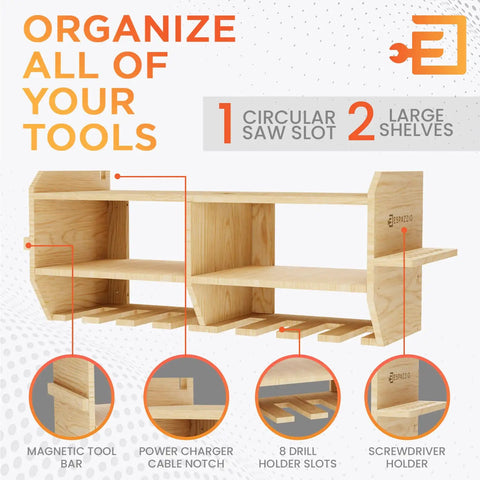 Power Tool Organizer Wall Mount With Magnetic Holder And Slots For Cordless Drill Storage In Woodshop Large Capacity Garage Rack To Hold Drills Tools And More