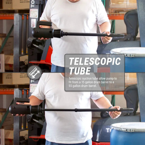 Badass Electric Drum Pump With Telescopic Suction Hose demonstrating the telescopic tube for 15 to 55 gallon drum fit.