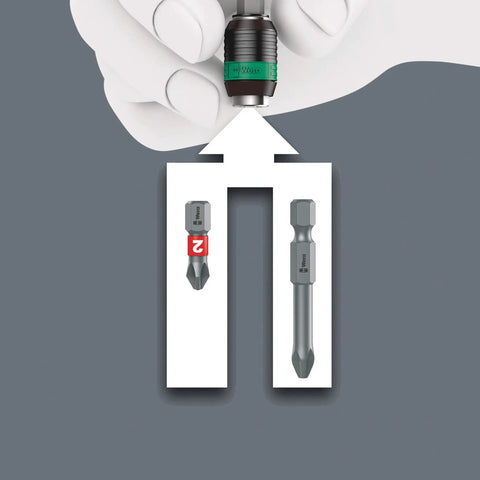 Turbo Bit Holding Screwdriver Handle With Rapidaptor Quick Release Chuck shown with compatible bits for speedy screwdriving.