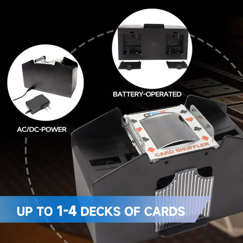 4 Deck Automatic Card Shuffler with Plug In and Battery Power for home poker nights, showing AC/DC power adapter