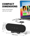USB Powered Desktop Computer Speakers with 14W Total Output, shown with length dimensions and connected to a laptop
