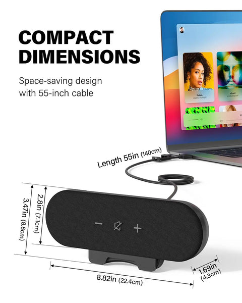 USB Powered Desktop Computer Speakers with 14W Total Output, shown with length dimensions and connected to a laptop