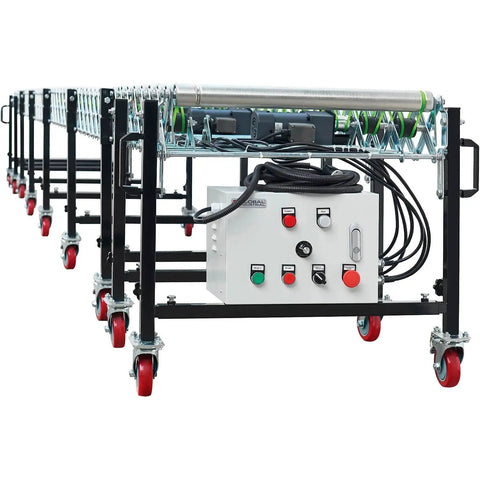 Workhorse 24 Inch Powered Flexible Roller Conveyor Built Rock Solid For Friction Free Package Transport And Lightning Fast Warehouse Loading Zones With Quick Length Tweaks with control panel and rollers.