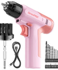 Pink Cordless Drill Kit With Three-Eighths Inch Keyless Chuck, 23-Piece Accessory Set, Built-In LED, Type-C Charge Cable, Cleaning Brush Head