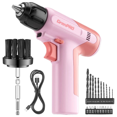 Pink Cordless Drill Kit With Three-Eighths Inch Keyless Chuck, 23-Piece Accessory Set, Built-In LED, Type-C Charge Cable, Cleaning Brush Head