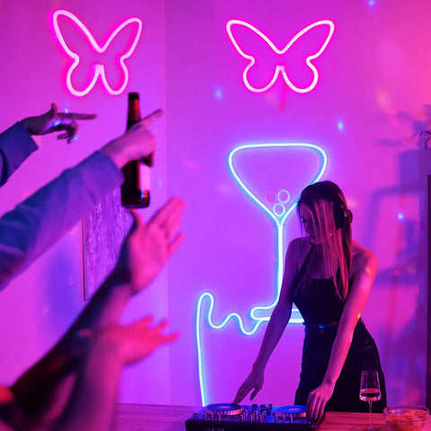 Two Pack Butterfly Neon Sign LED Light Wall Decor Pink Neon Butterfly Wall Art Powered By 3AA Batteries Or USB in a party setting