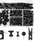 Hella Versatile 200 Pcs Push Pins And Heavy Duty Thumb Tacks For Bulletin Board Cork Wall Organizers Featuring Nifty Multi Color Assortments, black push pins and thumb tacks in storage box.