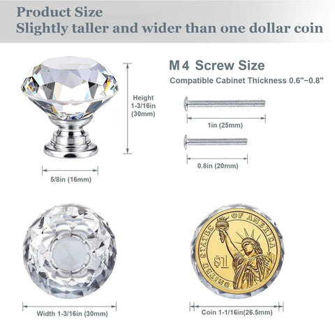 Crystal Cabinet Knobs 30 Pack Set For Dresser And Cabinets, Diamond Glass Pull Handles with size and coin comparison details.