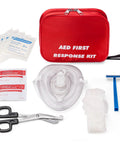 AED First Response Kit in red case, front view, with CPR mask, gauze, antiseptic wipes, scissors, and razor.