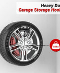 Heavyweight Garage Storage Hooks Built Like Tanks Featuring Scratch Resistant Rubber Sleeves For Rust Free Workshop Wall Tool Organization And Shop Rig Setup with mounted car tire showing weight capacity of 55lbs.