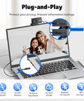 Crisp 4K Webcam For Pc And Mac With Sony Sensor on laptop, showing plug-and-play setup for streaming and Zoom calls.