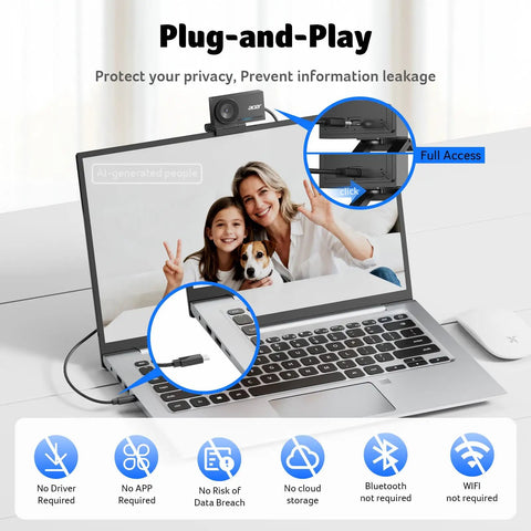 Crisp 4K Webcam For Pc And Mac With Sony Sensor on laptop, showing plug-and-play setup for streaming and Zoom calls.