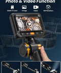 Display of Two Way Articulating Borescope Endoscope Camera With Light, showing photo and video features with screen interface