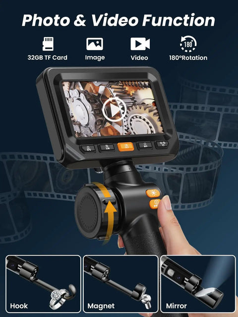 Display of Two Way Articulating Borescope Endoscope Camera With Light, showing photo and video features with screen interface